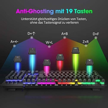 Gaming Tastatur Metallic, PC Tastatur PICTEK Rainbow LED Tastatur mit Handgelenkauflage, 19 Anti-Ghosting, 12 Multimedia Verknüpfungen, 1.6m USB Tastatur, 4 wasserdichte Löcher, Keyboard für Gamer - 7