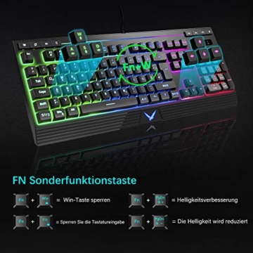Gaming-Tastatur und Maus Combo Hintergrundbeleuchtung, TopMate Rainbow LED-Tastatur mit 6400DPI-Maus programmierbar, kabelgebundene Tastatur Mäuse für Windows, Office, Laptop, PC - 4