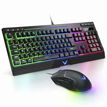 Gaming-Tastatur und Maus Combo Hintergrundbeleuchtung, TopMate Rainbow LED-Tastatur mit 6400DPI-Maus programmierbar, kabelgebundene Tastatur Mäuse für Windows, Office, Laptop, PC - 1