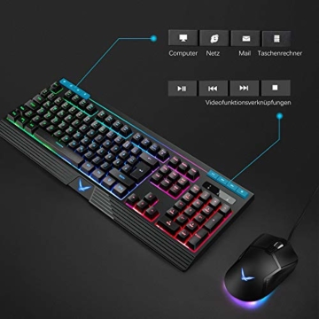 Gaming-Tastatur und Maus Combo Hintergrundbeleuchtung, TopMate Rainbow LED-Tastatur mit 6400DPI-Maus programmierbar, kabelgebundene Tastatur Mäuse für Windows, Office, Laptop, PC - 5