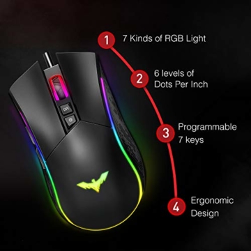 havit Mechanische Gaming Tastatur Maus Headset Set, RGB QWERTZ Handballenauflage Tastatur (DE-Layout), 4800 Dots Per Inch Gaming Maus und RGB Gaming Headset (KB380L) - 4