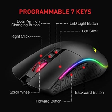 havit Mechanische Gaming Tastatur und Maus Set,  RGB Hintergrundbeleuchtung QWERTZ (DE-Layout), Aluminiumoberfläche und Handballenauflage, 4800DPI RGB Wired Gaming Maus mit 7 Tasten (Schwarz) - 6