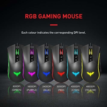 havit RGB Wired Gaming Maus 4800 Dots Per Inch Programmierbare ergonomische Maus mit 7 Tasten und 7 Farben Hintergrundbeleuchtung für Laptop, PC, Computer, Schwarz (MS733) - 5