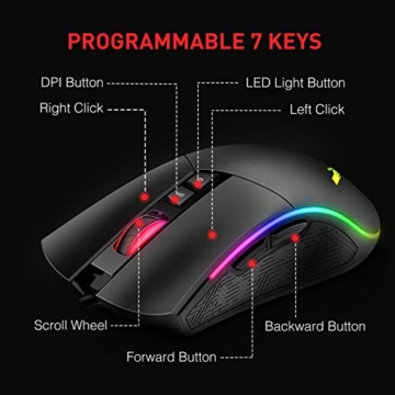 havit RGB Wired Gaming Maus 4800 Dots Per Inch Programmierbare ergonomische Maus mit 7 Tasten und 7 Farben Hintergrundbeleuchtung für Laptop, PC, Computer, Schwarz (MS733) - 6
