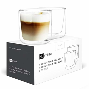 HEYNNA® Cappuccino Tassen 2 x 250ml doppelwandige Kaffeegläser aus Borosilikatglas / Cappuccino Gläser spülmaschinenfest - 1