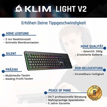 KLIM Light V2 Tastatur Kabellos QWERTZ + flach, ergonomisch, dezent, wasserresistent, leise + Beleuchtete Gaming Tastatur für PC Mac PS4 Xbox One + Integrierter Akku mit Langer Lebensdauer Neu 2020 - 7