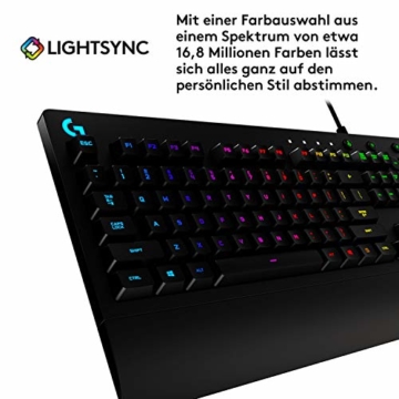 Logitech G213 Prodigy Gaming-Tastatur, RGB-Beleuchtung, Programmierbare G-Tasten, Multi-Media Bedienelemente, Integrierte Handballenauflage, Spritzwassergeschützt, Deutsches QWERTZ-Layout, Schwarz - 5
