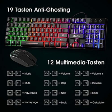 Mafiti Gaming Tastatur und Maus Set, Kabelgebundenes Tastatur-Maus-Set, LED Hintergrundbeleuchtung QWERTZ (DE-Layout), Regenbogen Farben Beleuchtetung Tastatur und Maus für Gaming und Büro - 2
