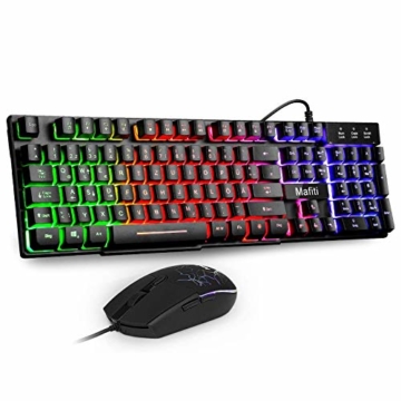 Mafiti Gaming Tastatur und Maus Set, Kabelgebundenes Tastatur-Maus-Set, LED Hintergrundbeleuchtung QWERTZ (DE-Layout), Regenbogen Farben Beleuchtetung Tastatur und Maus für Gaming und Büro - 1