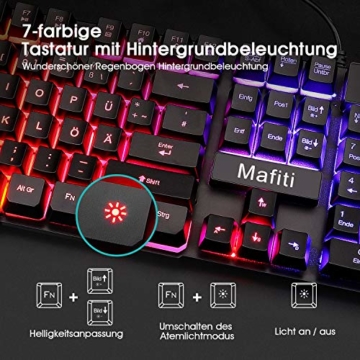 Mafiti Gaming Tastatur und Maus Set, Kabelgebundenes Tastatur-Maus-Set, LED Hintergrundbeleuchtung QWERTZ (DE-Layout), Regenbogen Farben Beleuchtetung Tastatur und Maus für Gaming und Büro - 5