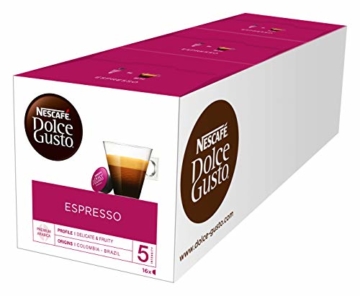 NESCAFÉ Dolce Gusto Espresso | 48 Kaffeekapseln | 100% edle Arabica Bohnen | Charaktervoller Espresso | Fruchtige Granatapfelnote | Samtige Crema | Aromaversiegelte Kapseln | 3er Pack (3 x 16 Kapseln) - 1