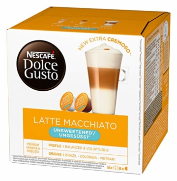 NESCAFÉ Dolce Gusto Latte Macchiato ungesüßt, 48 Kaffeekapseln, Ohne zugesetzten Zucker, Espresso, 3-Schichten -Köstlichkeit aus feinem Milchschaum, Aromaversiegelte Kapseln, 3er Pack (3 x 16 Kapseln) - 3