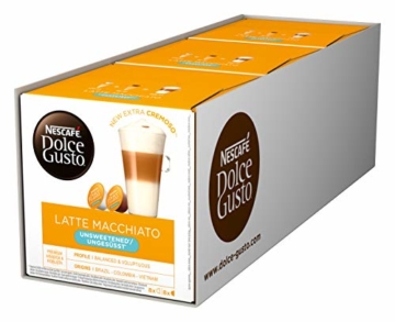 NESCAFÉ Dolce Gusto Latte Macchiato ungesüßt, 48 Kaffeekapseln, Ohne zugesetzten Zucker, Espresso, 3-Schichten -Köstlichkeit aus feinem Milchschaum, Aromaversiegelte Kapseln, 3er Pack (3 x 16 Kapseln) - 1