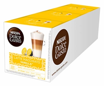 NESCAFÉ Dolce Gusto Latte Macchiato Vanilla | 48 Kaffeekapseln | Feines Vanille Aroma und leckerer Milchschaum | Arabica Robusta Mischung | Aromaversiegelte Kapseln | 3er Pack (3 x 16 Kapseln) - 1