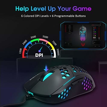 PICTEK RGB Gaming Maus Kabel, ultraleichte Waben PC Maus, 10000 DPI einstellbar, 6 programmierbare Tasten, 7 Beleuchtungmodi für Desktop/Laptop Gamer - 2