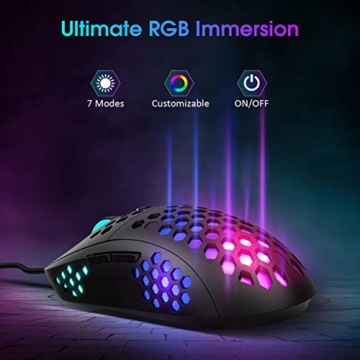 PICTEK RGB Gaming Maus Kabel, ultraleichte Waben PC Maus, 10000 DPI einstellbar, 6 programmierbare Tasten, 7 Beleuchtungmodi für Desktop/Laptop Gamer - 3