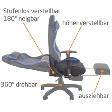 Raburg Gaming-Stuhl DRIFT HAWK – XXL Bürostuhl mit Relax-Fußstütze aus Soft-Touch Kunstleder in SCHWARZ/BLAU, ergonomisch geformt + 180° Easy-Chill-Funktion, 360° drehbar - Tragkraft 150 kg - 6