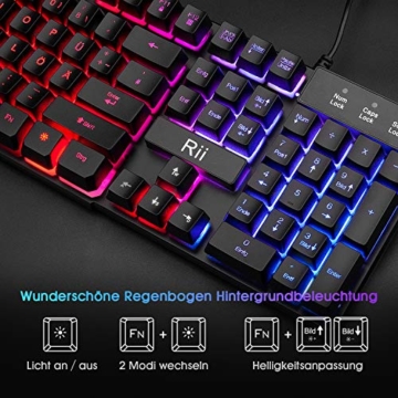 Rii Gaming Tastatur PC, PS4 Tastatur USB, Regenbogen Beleuchtete Tastatur LED, Gaming Keyboard ideal für Gamer|Büro（Deutsches Layout） - 4