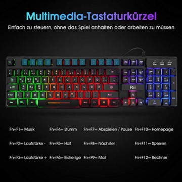 Rii Gaming Tastatur PC, PS4 Tastatur USB, Regenbogen Beleuchtete Tastatur LED, Gaming Keyboard ideal für Gamer|Büro（Deutsches Layout） - 7