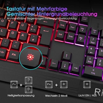 Rii Gaming Tastatur und Maus Set, maus und tastatur, RGB Hintergrundbeleuchtung QWERTZ (DE-Layout), Regenbogen Farben Beleuchtete USB Wasserdicht Tastatur und Maus mit 3200 DPI für Pro PC Gamer - 2