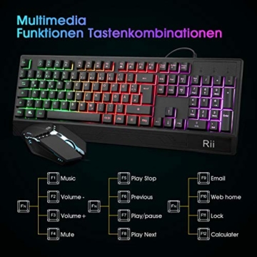 Rii Gaming Tastatur und Maus Set, maus und tastatur, RGB Hintergrundbeleuchtung QWERTZ (DE-Layout), Regenbogen Farben Beleuchtete USB Wasserdicht Tastatur und Maus mit 3200 DPI für Pro PC Gamer - 4