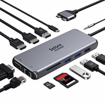 Selore&S-Global USB C Adapter USB C Docking Station für MacBook Pro 2016-2020/MacBook Air 2018-2020, mit Dual 4K HDMI, 1080P VGA, 2 USB 3.0 & 2.0, 100W PD, 1000M LAN, SD/TF Kartenleser, Audio&Mic - 1