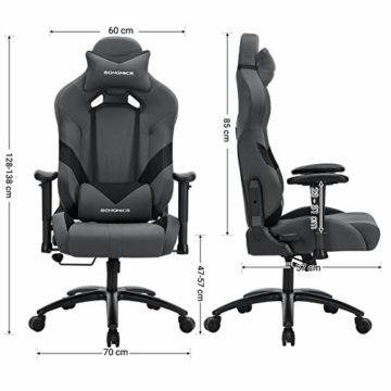 SONGMICS Bürostuhl Gaming Stuhl Chefsessel ergonomisch mit Verstellbare Armlehnen, Kopfkissen Lendenkissen 66 x 72 x 124-132 cm Grau-Schwarz RCG13G - 7