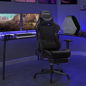 SONGMICS Gaming Stuhl mit Fußstütze, 150 kg, Bürostuhl, Schreibtischstuhl, Lendenkissen, Kopfkissen, hohe Rückenlehne, ergonomisch, Stahl, Kunstleder, atmungsaktives Meshgewebe, schwarz RCG52BK - 2
