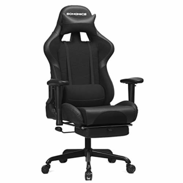 SONGMICS Gaming Stuhl mit Fußstütze, 150 kg, Bürostuhl, Schreibtischstuhl, Lendenkissen, Kopfkissen, hohe Rückenlehne, ergonomisch, Stahl, Kunstleder, atmungsaktives Meshgewebe, schwarz RCG52BK - 1