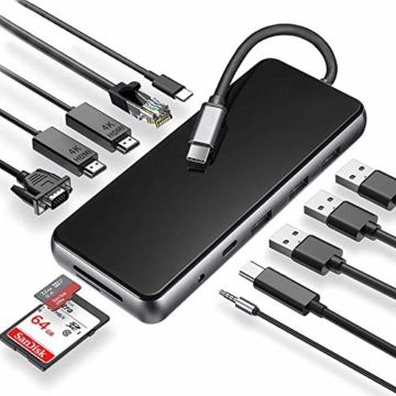 SYIADX USB C Hub Docking Station,12 in 1 Triple Display USB C Adapter with Dual 4K HDMI,VGA,Ethernet,PD Charging,3 USB 3.0,Type C Port,Audio/Mic,SD/TF Card Reader for MacBook and Other USB-C Devices - 1