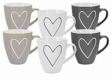 Tassen Becher mit Herzdekor Herzen XXL in weiß, beige und grau - 6 Stück im Set aus Keramik für ca. 400 ml - 1