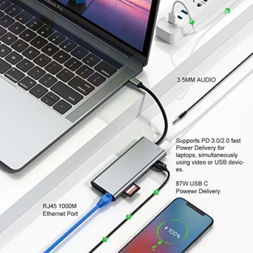 USB C Hub, 11 in 1 Hub Adapter vom Typ C mit 4K HDMI, 1080P VGA, RJ45 Gigabit Ethernet, SD/TF Kartenlesern, USB 3.0/2.0, USB C Stromversorgung, 3,5mm Audio, Compatibel mit MacBook Pro und mehr - 6
