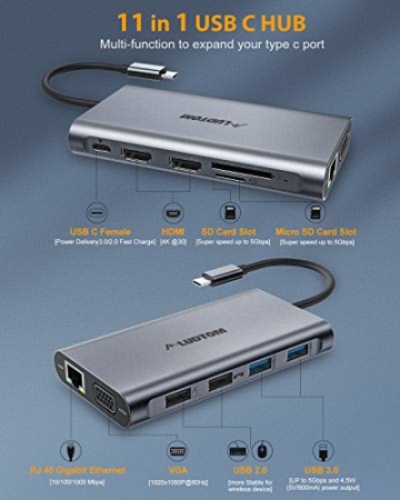 USB C Hub, Laptop Docking Station, Triple Display, Ludtom 11 in 1 Typ C Adapter für 2 HDMI , VGA , Ethernet , SD / TF Karten, 2 * USB 2.0,2 * USB 3.0, PD Aufladung, Kompatibel für Windows, MacBook - 4