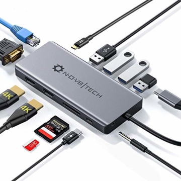 USB C Hub zu Dual HDMI Adapter 13-in-1 NOV8Tech Dockingstation Ethernet VGA Dreifach Anzeigebildsc für MacBook Pro / Air & Typ C-Laptops, USB C 100 W Laden & Daten, Audio, SD / Micro SD, 3X USB 3 - 1