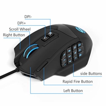 UtechSmart Venus Gaming Maus 16400 DPI USB Laser MMO Gaming Mouse, 18 programmierbare Tasten,16400 DPI Abtastrate, konfigurierbare LED-Farb-Beleuchtung, ergonomisches Design - 3