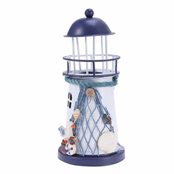 VOSAREA Windlichthalter Vintage Eisen Leuchtturm Modell mit Vogel Fischnetze LED Dekorative Kerzenlaternen Kerzenständer Nautische Maritime Deko (Blau und Weiß) - 1
