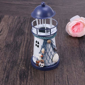 VOSAREA Windlichthalter Vintage Eisen Leuchtturm Modell mit Vogel Fischnetze LED Dekorative Kerzenlaternen Kerzenständer Nautische Maritime Deko (Blau und Weiß) - 5