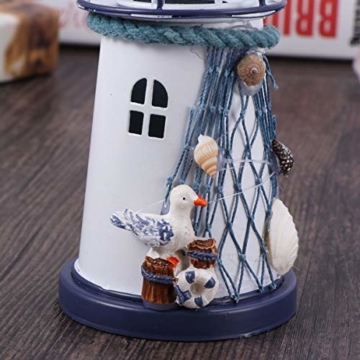 VOSAREA Windlichthalter Vintage Eisen Leuchtturm Modell mit Vogel Fischnetze LED Dekorative Kerzenlaternen Kerzenständer Nautische Maritime Deko (Blau und Weiß) - 6