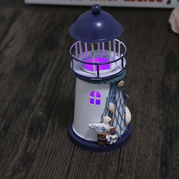 VOSAREA Windlichthalter Vintage Eisen Leuchtturm Modell mit Vogel Fischnetze LED Dekorative Kerzenlaternen Kerzenständer Nautische Maritime Deko (Blau und Weiß) - 8