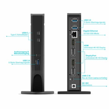 WAVLINK USB 3.0 / USB C Universal Docking Station unterstützt Dual 4K Videoausgänge für Laptop, PC oder Mac (DisplayPort und HDMI, Gigabit Ethernet, 2 in 1 Audio, 5 USB Ports) - 4