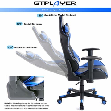 GTPLAYER Gaming Stuhl Bürostuhl Gamer Ergonomischer Stuhl Einstellbare Armlehne Einteiliger Stahlrahmen Einstellbarer Neigungswinkel (Schwarz-Blau) - 5