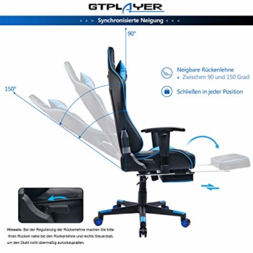 GTPLAYER Gaming Stuhl Bürostuhl Schreibtischstuhl Kunstleder Gamer Stuhl Drehstuhl höhenverstellbarer PC Stuhl Ergonomisches Design mit Fußstütze und Wippfunktion (Blue) - 5