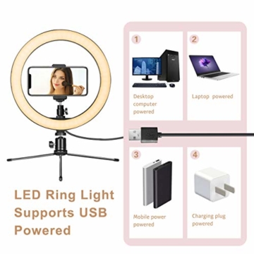 LED Ringlicht mit Stativ & Handyhalter 10 Zoll, Dimmbare Tischringlicht für YouTube-Videoaufnahmen, Selfie, Live-Stream, Makeup/Fotografie mit 3 Beleuchtungsmodi und 10 Helligkeitsstufen - 5