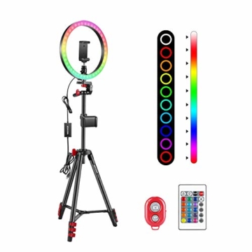 Neewer 10 Zoll RGB Selfie Ringlicht mit Stativständer und Telefonhalter Infrarot-Fernbedienung dimmbaren 16 Farben und 4 Blitzmodi für Make-up/Live-Streaming/YouTube/Tiktok/Videoaufnahmen - 1