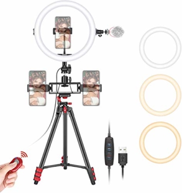 Neewer 10 Zoll Selfie Ringlicht mit Stativständer 3 Handyhalterungen LED Ringlicht mit weicher Röhre und Fernbedienungs Set 3 Moduslichter für Make-up YouTube/TikTok Video Live Streaming - 1