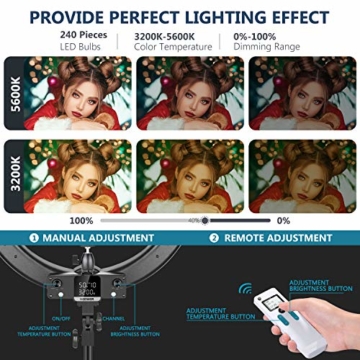 Neewer 2,4G 18 Zoll LED Ringlicht, Bi-Color 3200-5600K Dimmbar mit LCD Bildschirm, 2,4G Funkfernbedienung, Drehbarer Ständer,Filter und Tragetasche für Videoaufnahmen mit Porträtfotografie - 4