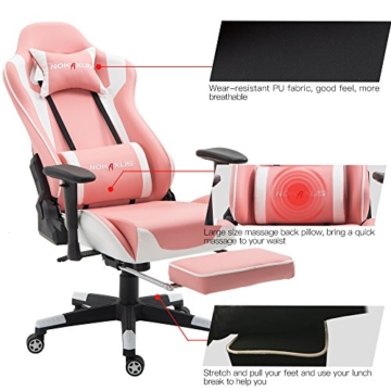 Nokaxus Gaming-Stuhl Bürostuhl Größe hohe Rückenlehne ergonomischer Rennsitz mit Massage Lendenwirbelstütze und einziehbarer Fußstütze PU-Leder 90-180 Grad Anpassung der Rückenlehne (Yk-6008-pink) - 2