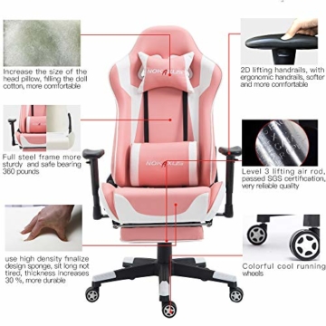 Nokaxus Gaming-Stuhl Bürostuhl Größe hohe Rückenlehne ergonomischer Rennsitz mit Massage Lendenwirbelstütze und einziehbarer Fußstütze PU-Leder 90-180 Grad Anpassung der Rückenlehne (Yk-6008-pink) - 4