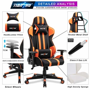 TIANSHU Gaming Stuhl Hochlehner Computerspielstuhl Bürostuhl PP Stoff & PU Leder Rennstuhl PC Ergonomischer Stuhl mit Kopfstütze und verstellbarem Lendenkissen Drehstuhl E-Sports Stuhl, Orange - 4