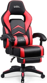 Amazon Brand - Umi Gaming Stuhl, Bürostuhl mit Fußstütze und Lendenkissen, höhenverstellbare Schreibtischstuhl, drehbar, ergonomisch, 90-135° Neigungswinkel, bis 150kg belastbar, schwarz-rot - 1